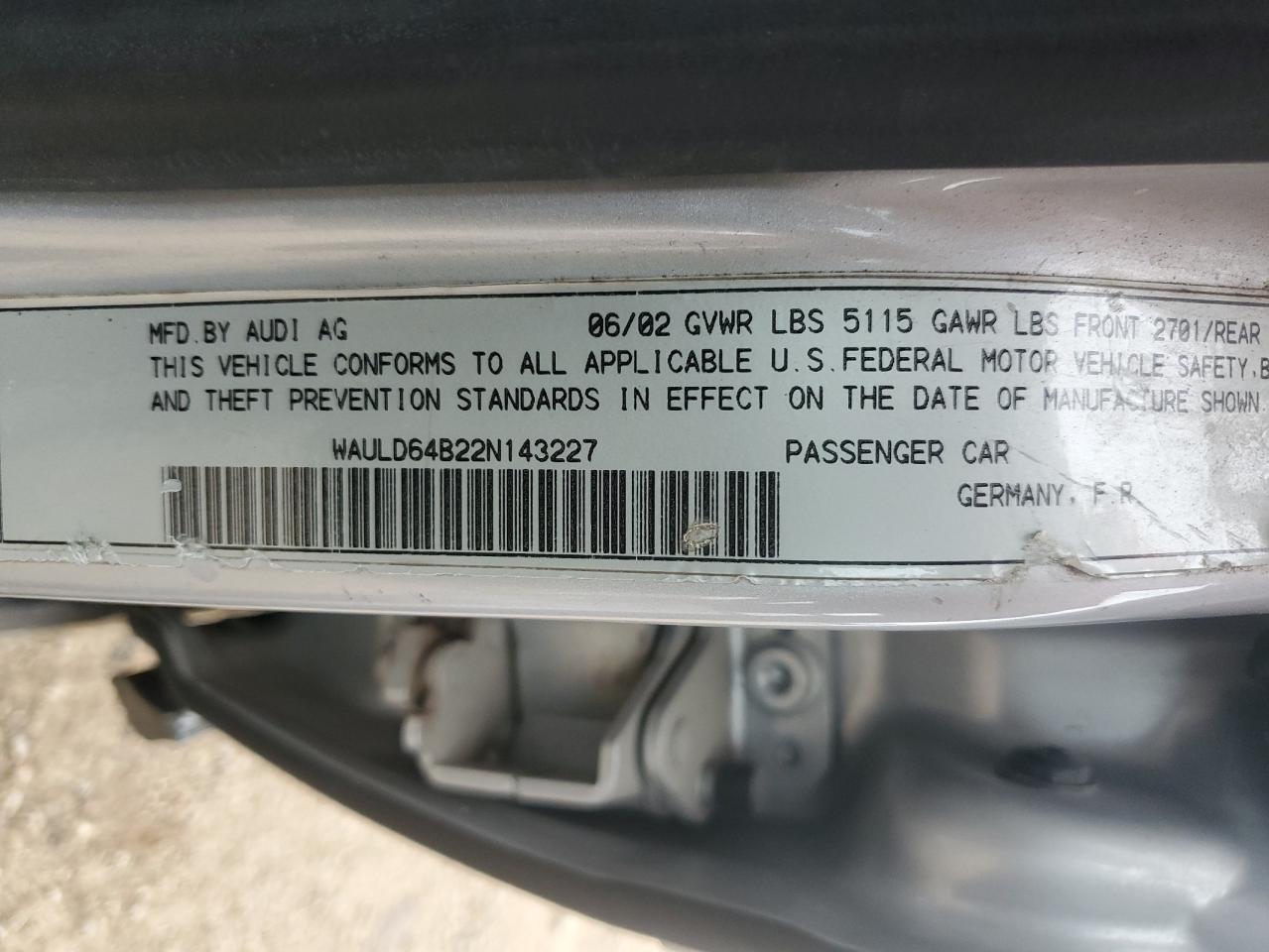 2002 Audi A6 2.7T Quattro VIN: WAULD64B22N143227 Lot: 61773835
