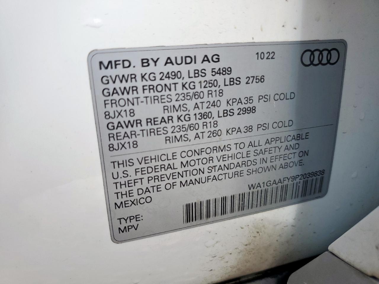 2023 Audi Q5 Premium 45 VIN: WA1GAAFY9P2039838 Lot: 61560405
