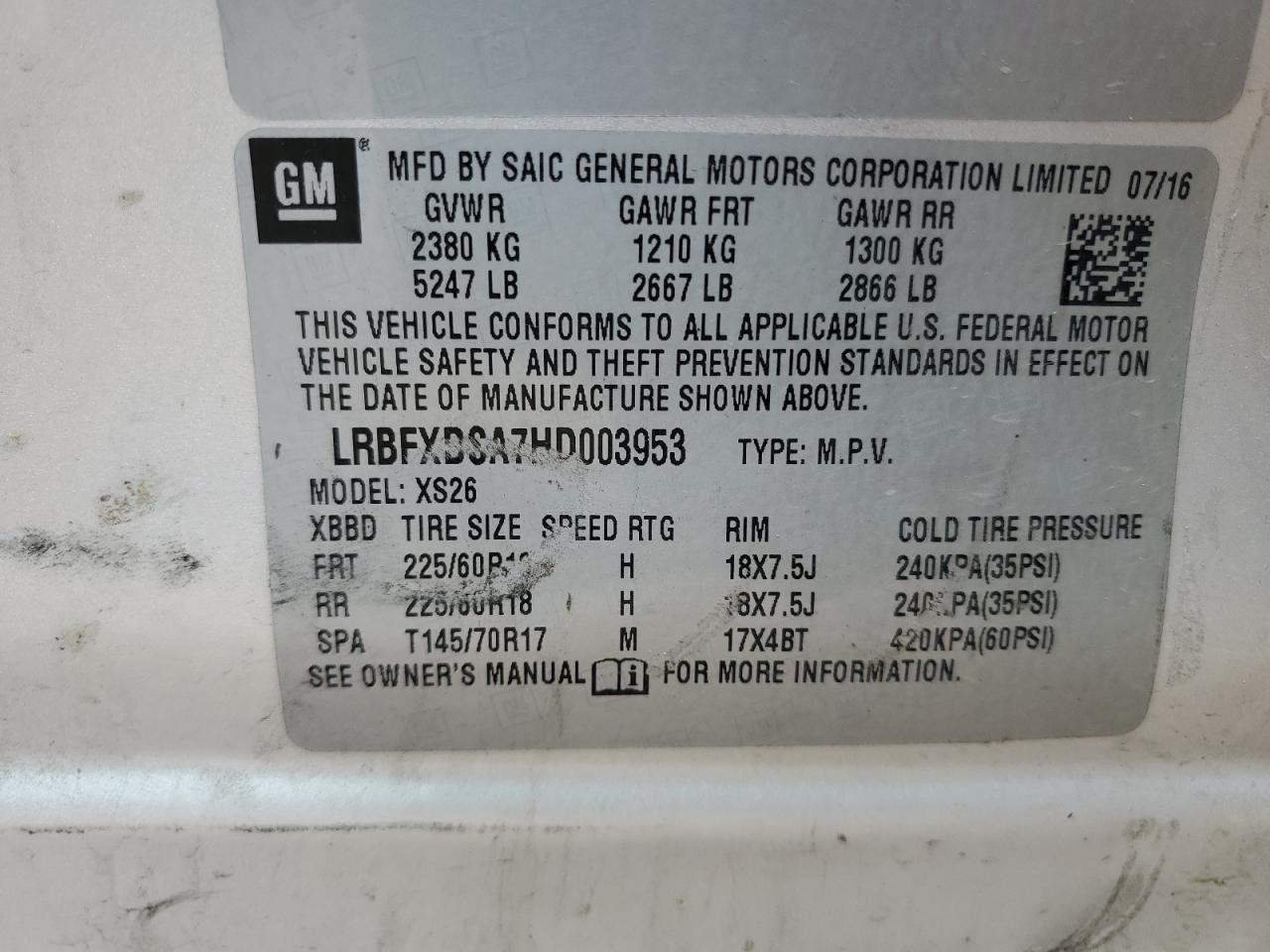 2017 Buick Envision Essence VIN: LRBFXDSA7HD003953 Lot: 61210205