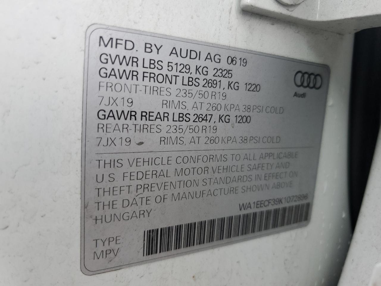 2019 Audi Q3 Premium Plus S-Line VIN: WA1EECF39K1072896 Lot: 62478825