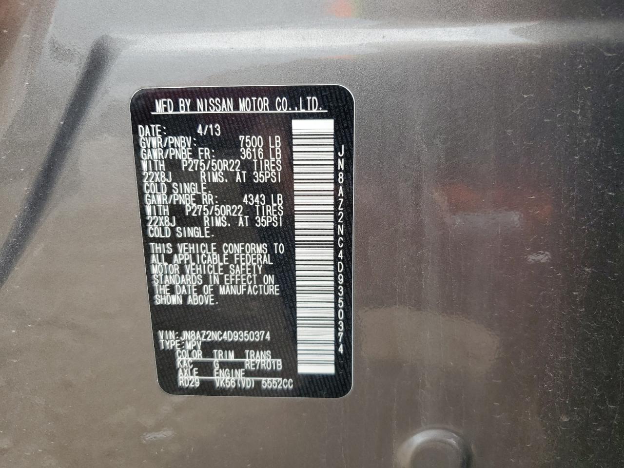 2013 Infiniti Qx56 VIN: JN8AZ2NC4D9350374 Lot: 62579605