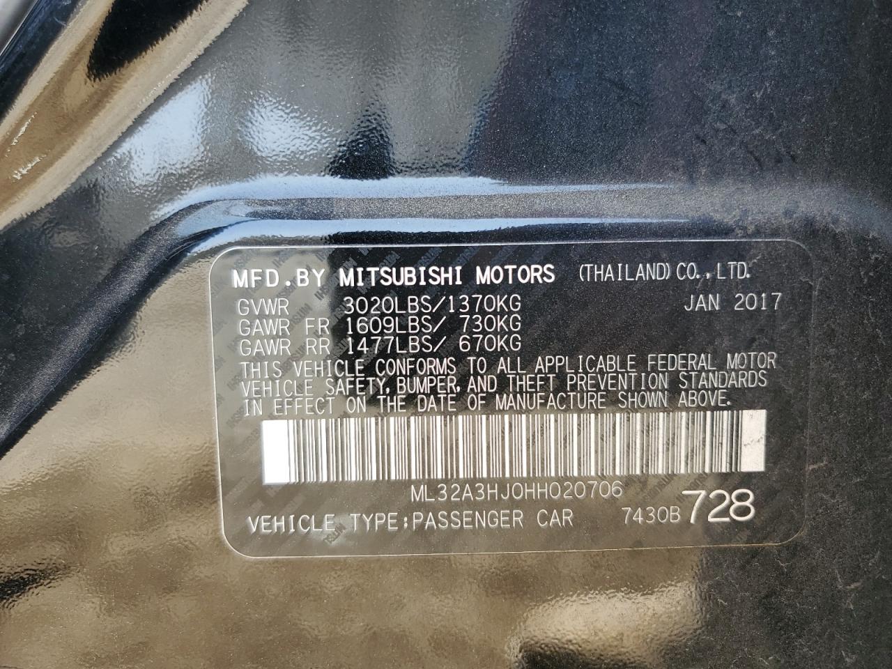 2017 Mitsubishi Mirage Es VIN: ML32A3HJ0HH020706 Lot: 61858925