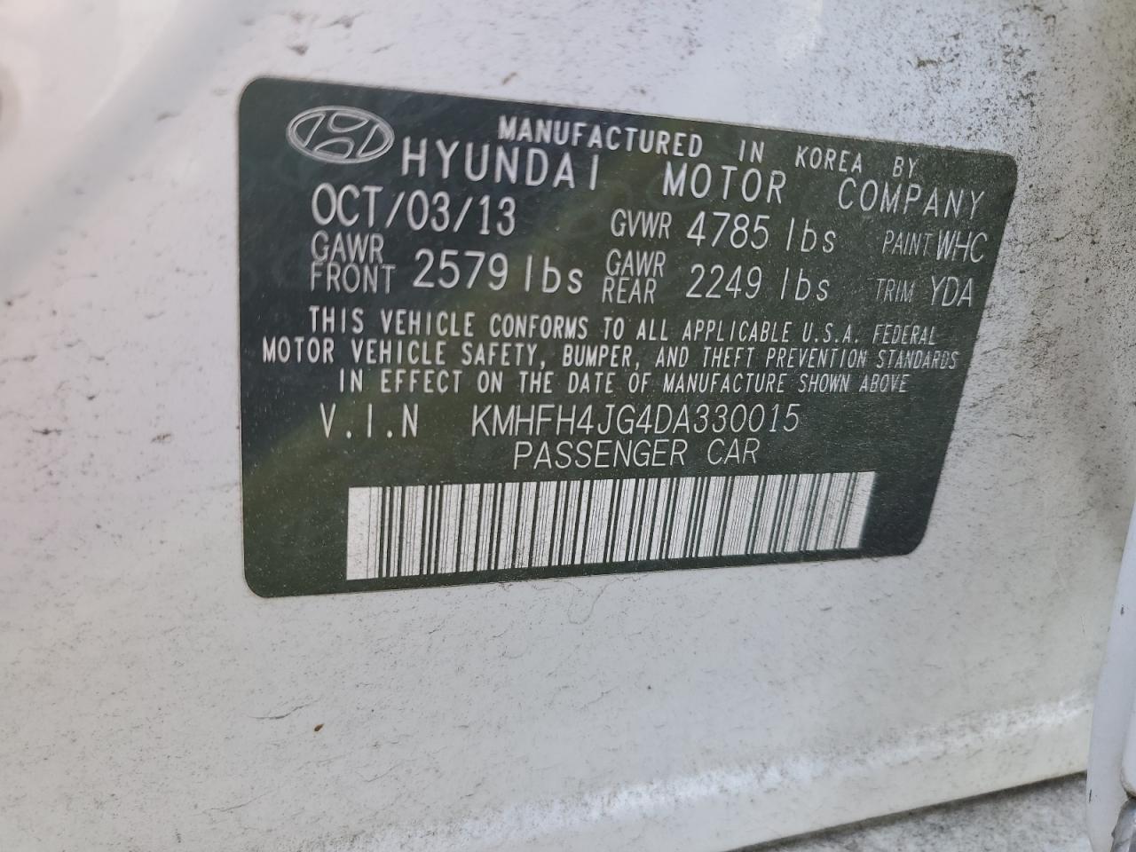 2013 Hyundai Azera Gls VIN: KMHFH4JG4DA330015 Lot: 62757555