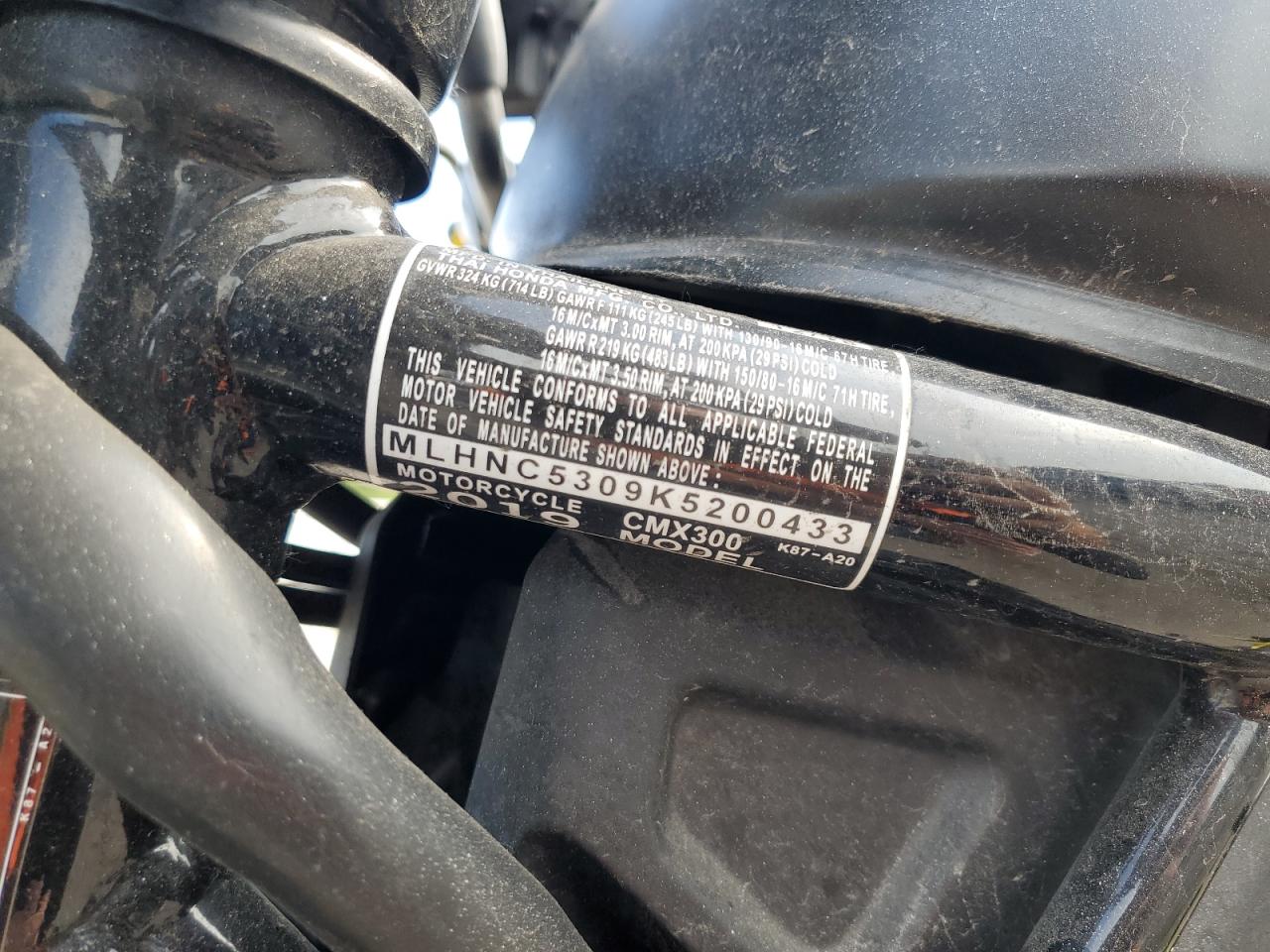 2019 Honda Cmx300 VIN: MLHNC5309K5200433 Lot: 62892105