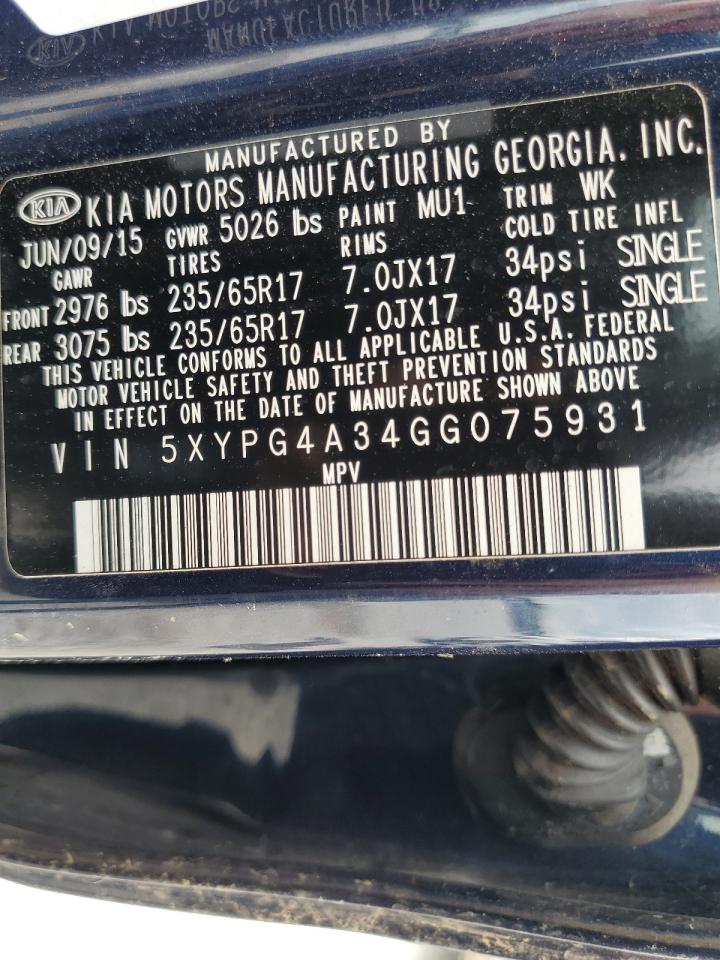 2016 Kia Sorento Lx VIN: 5XYPG4A34GG075931 Lot: 58243275
