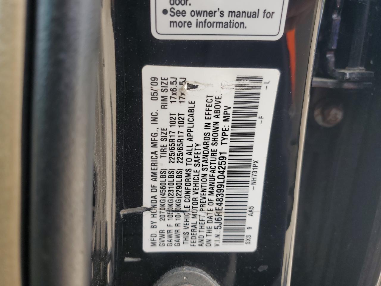 2009 Honda Cr-V Lx VIN: 5J6RE48399L042591 Lot: 61827615