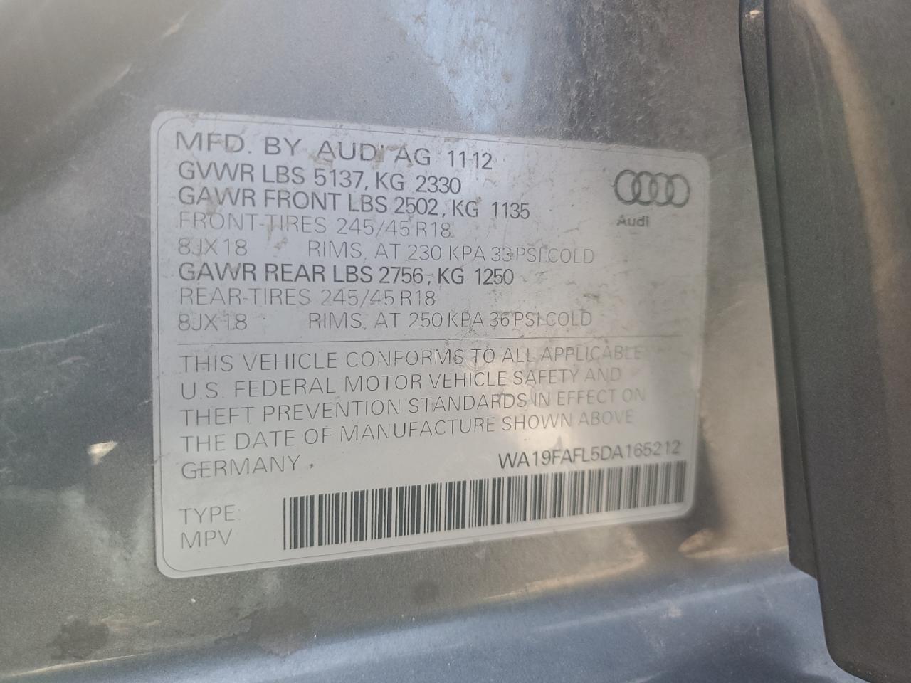 2013 Audi A4 Allroad Premium VIN: WA19FAFL5DA165212 Lot: 61052145