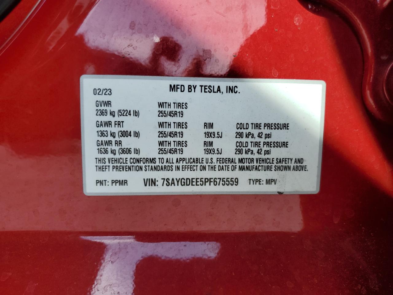2023 Tesla Model Y VIN: 7SAYGDEE5PF675559 Lot: 60694515
