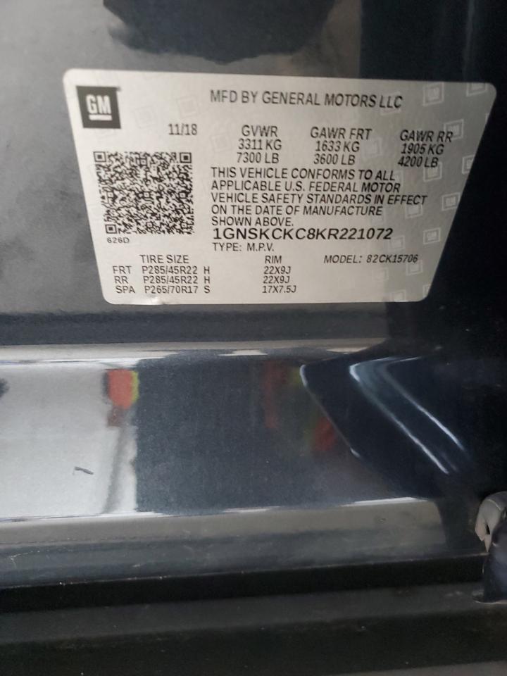 2019 Chevrolet Tahoe K1500 Premier VIN: 1GNSKCKC8KR221072 Lot: 62884855