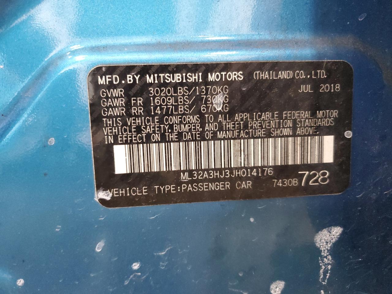 2018 Mitsubishi Mirage Es VIN: ML32A3HJ3JH014176 Lot: 62278655