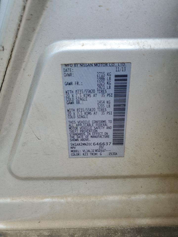 2014 Nissan Pathfinder S VIN: 5N1AR2MN2EC646637 Lot: 59866345