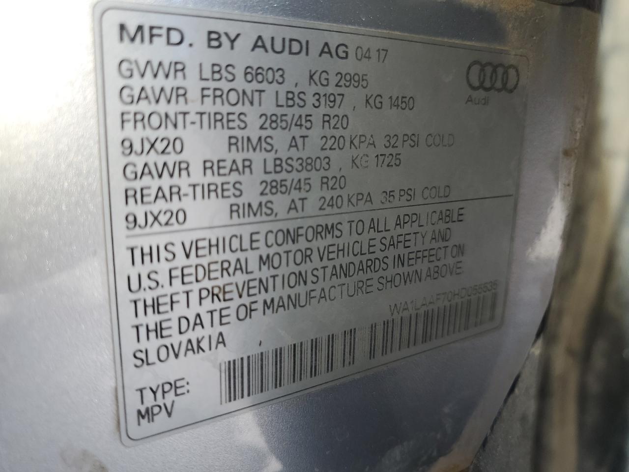2017 Audi Q7 Premium Plus VIN: WA1LAAF70HD055535 Lot: 62165625