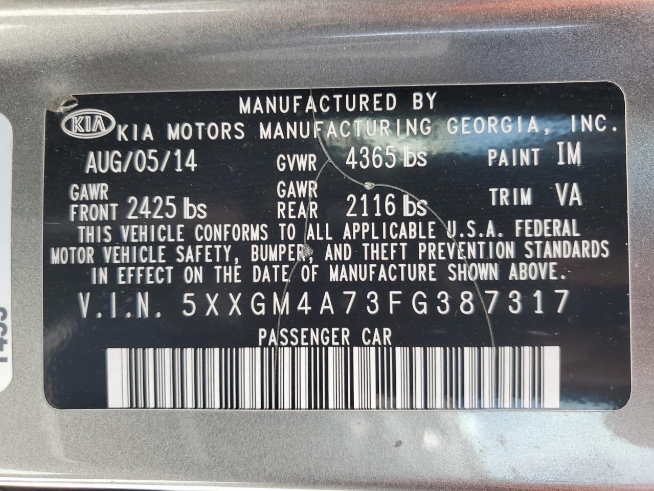 KIA OPTIMA 2015 VIN 5XXGM4A73FG387317 zdjęcie 13