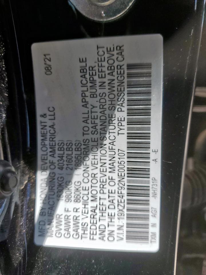 2022 Honda Insight Touring VIN: 19XZE4F92NE005107 Lot: 62258265