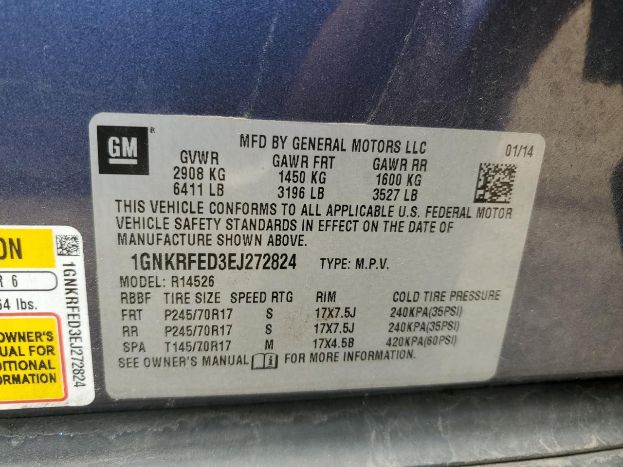 2014 Chevrolet Traverse Ls VIN: 1GNKRFED3EJ272824 Lot: 60124005