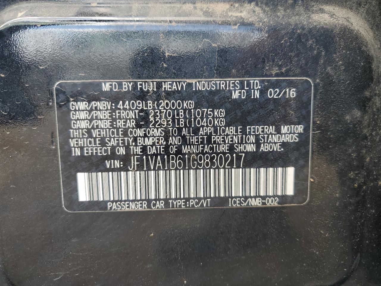 2016 Subaru Wrx VIN: JF1VA1B61G9830217 Lot: 62740085