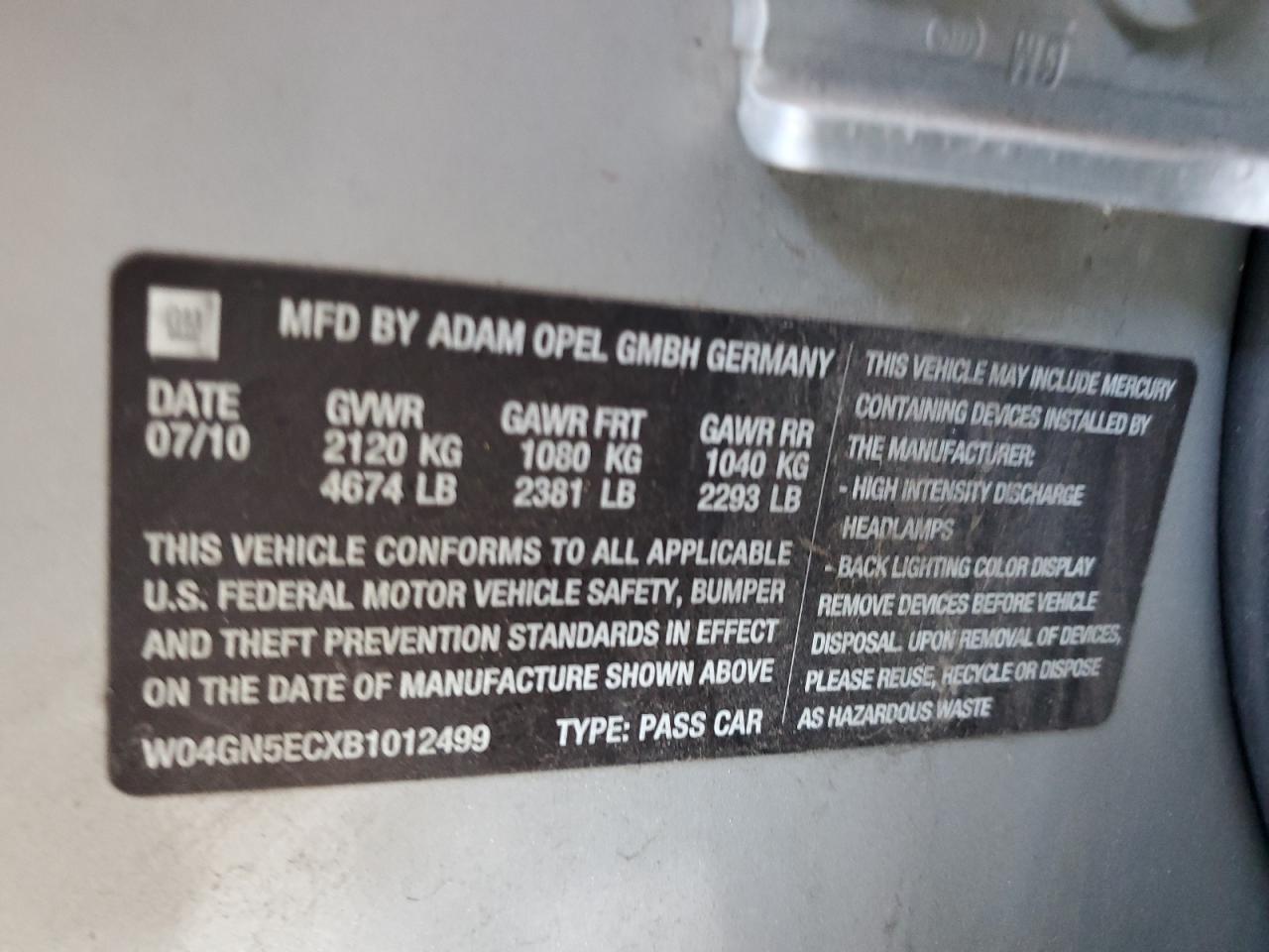 2011 Buick Regal Cxl VIN: W04GN5ECXB1012499 Lot: 62419045