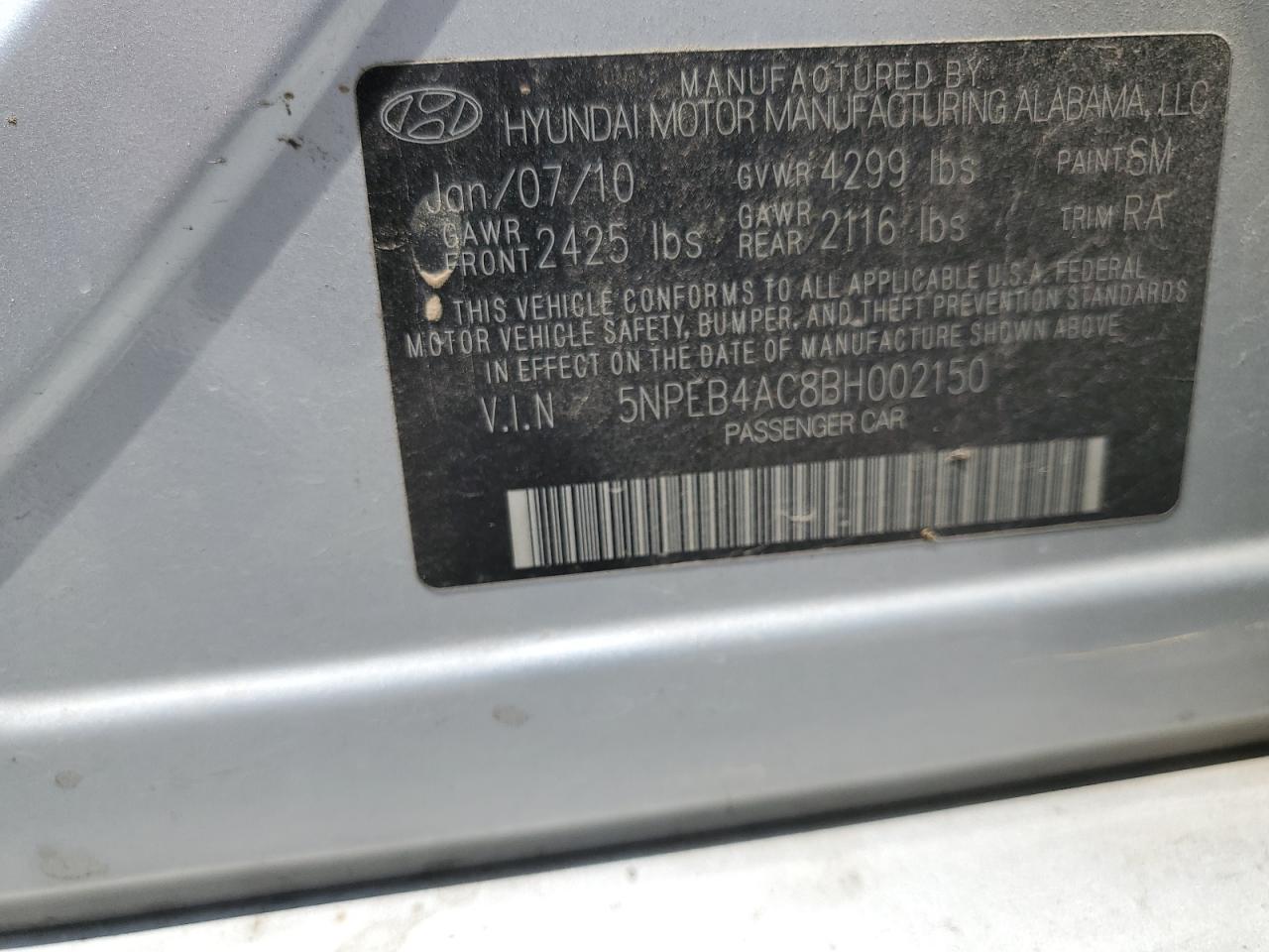 2011 Hyundai Sonata Gls VIN: 5NPEB4AC8BH002150 Lot: 62897875