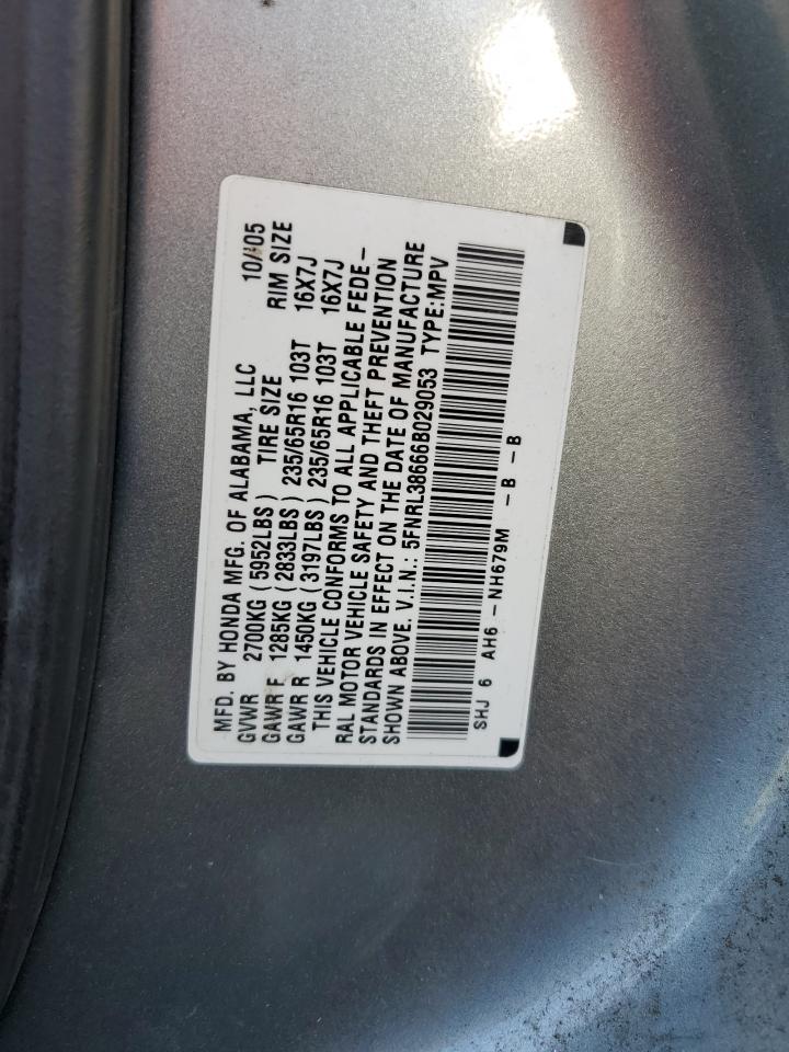 2006 Honda Odyssey Exl VIN: 5FNRL38666B029053 Lot: 61820025