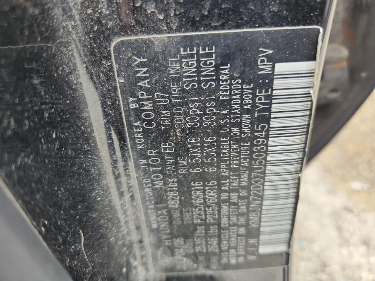 2007 Hyundai Tucson Se VIN: KM8JN72D07U503945 Lot: 61957995
