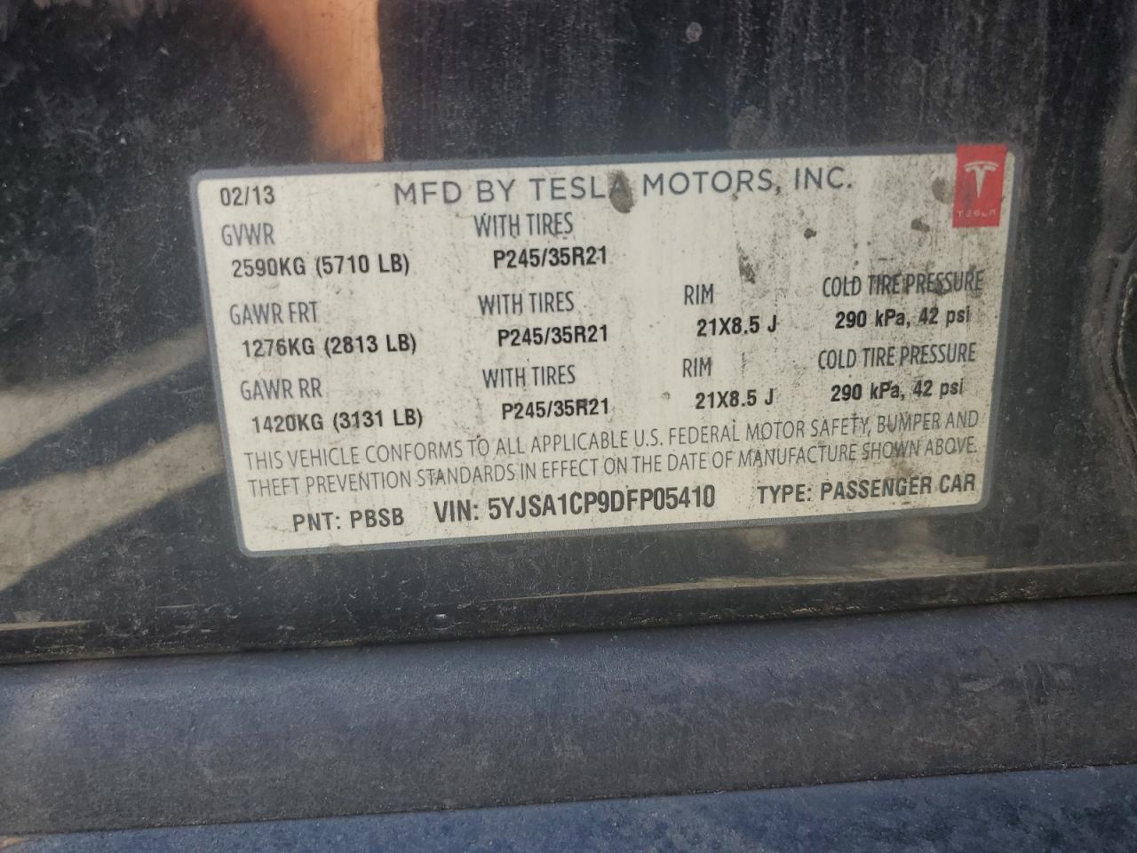 2013 Tesla Model S VIN: 5YJSA1CP9DFP05410 Lot: 59404145