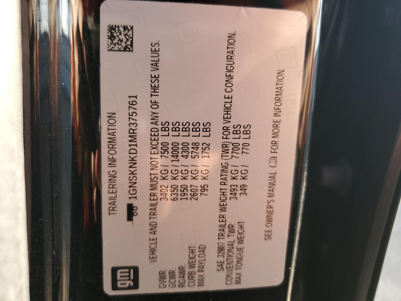 2021 Chevrolet Tahoe K1500 Lt VIN: 1GNSKNKD1MR375761 Lot: 61756355