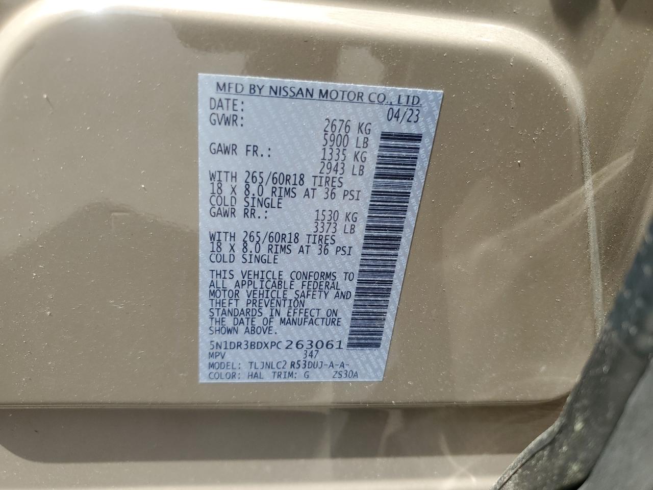 2023 Nissan Pathfinder Sv VIN: 5N1DR3BDXPC263061 Lot: 61446705