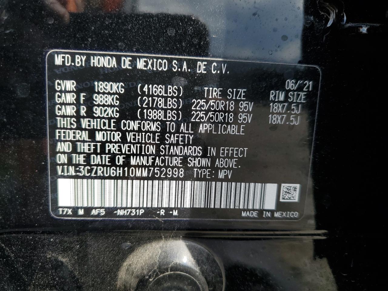 2021 Honda Hr-V Sport VIN: 3CZRU6H10MM752998 Lot: 62569065