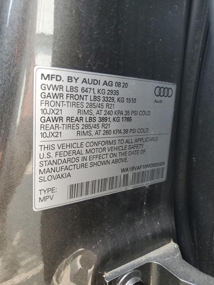 2021 Audi Q8 Premium Plus VIN: WA1BVAF10MD002436 Lot: 62826875