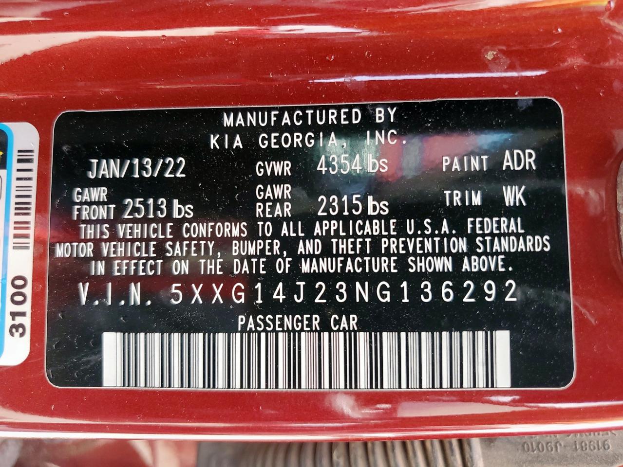2022 Kia K5 Lxs VIN: 5XXG14J23NG136292 Lot: 62457065