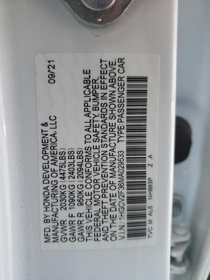 2021 Honda Accord Sport VIN: 1HGCV2F36MA029533 Lot: 61726005