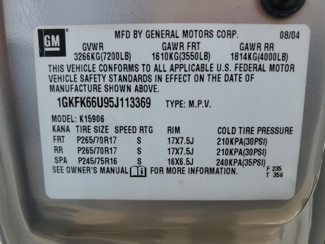 2005 GMC Yukon Xl Denali VIN: 1GKFK66U95J113369 Lot: 90782545