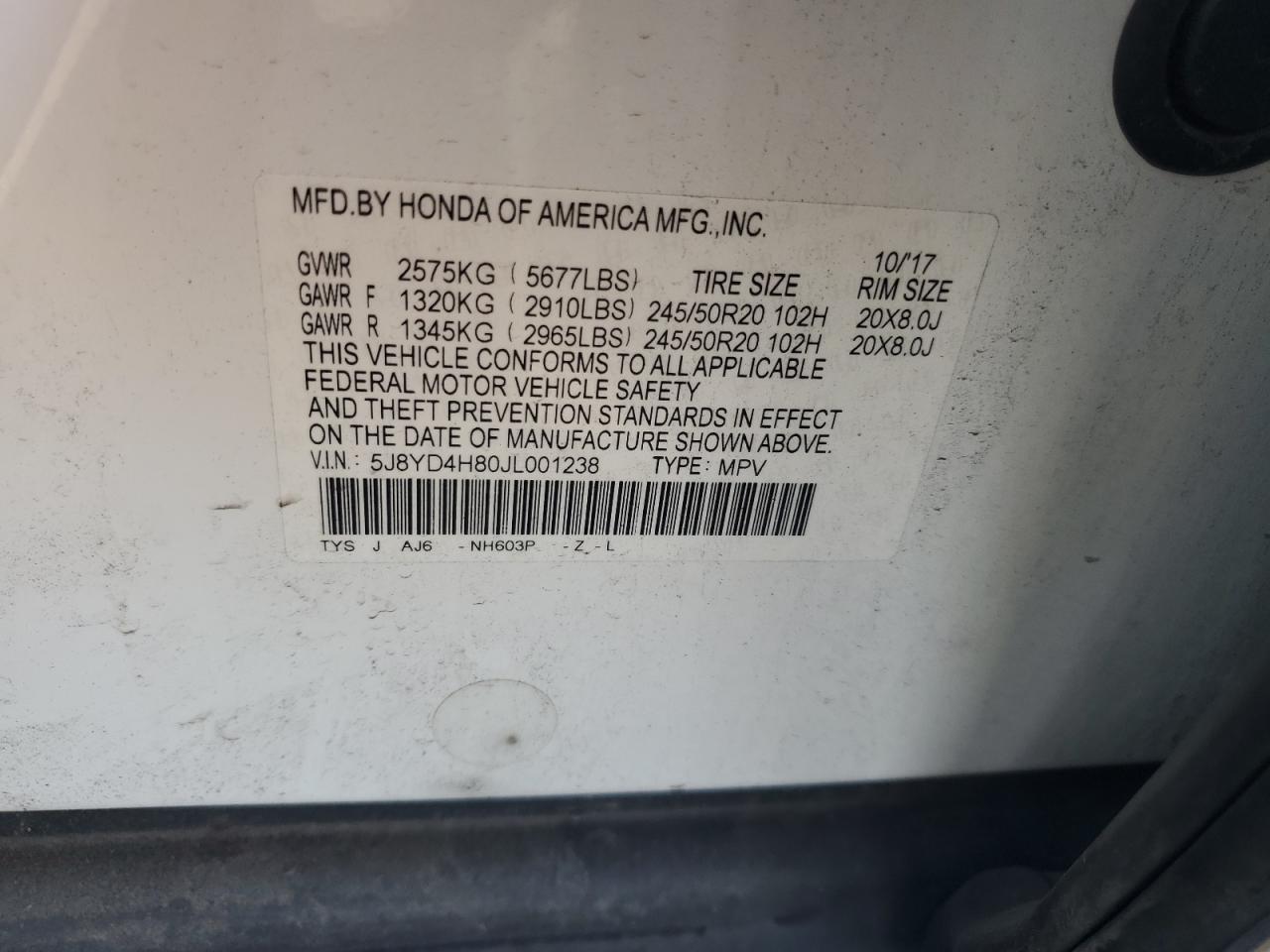 2018 Acura Mdx Advance VIN: 5J8YD4H80JL001238 Lot: 62530405