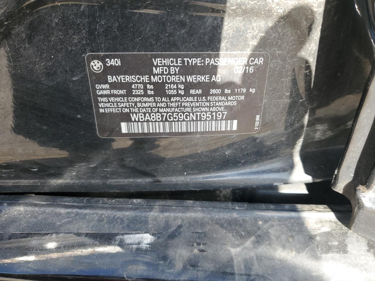 2016 BMW 340 Xi VIN: WBA8B7G59GNT95197 Lot: 62008765