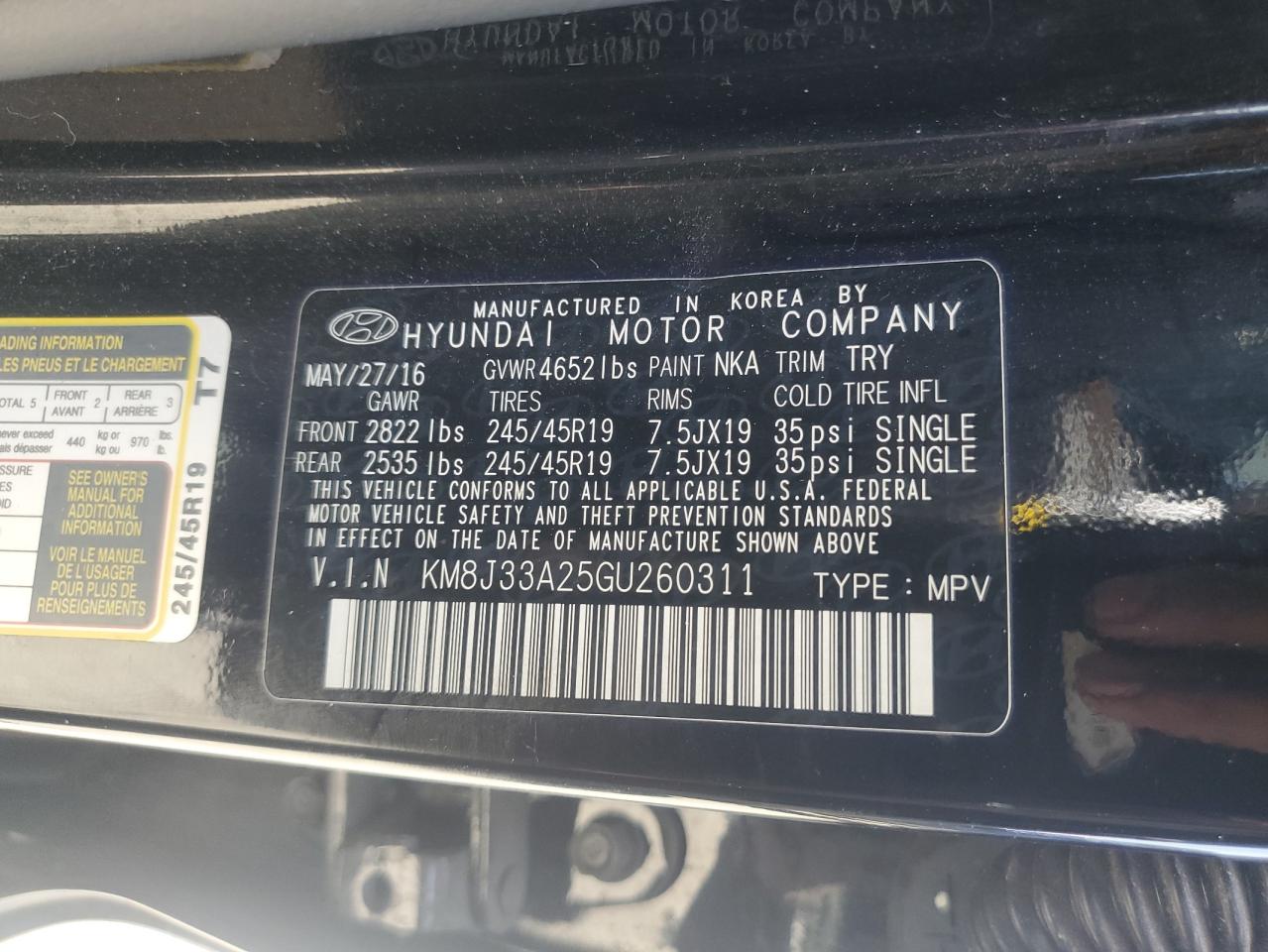 2016 Hyundai Tucson Limited VIN: KM8J33A25GU260311 Lot: 62289895