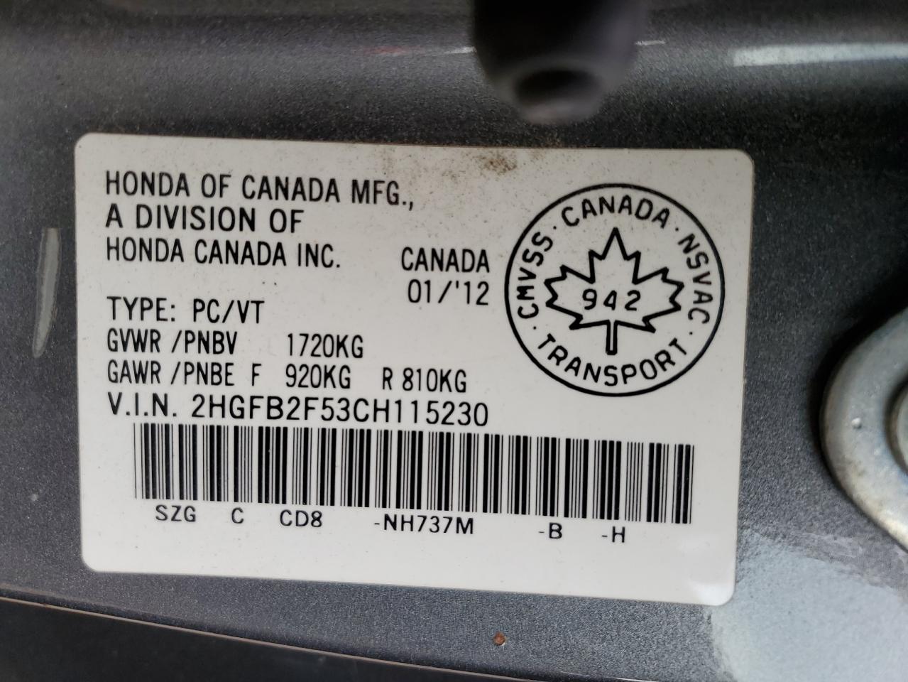 2012 Honda Civic Lx VIN: 2HGFB2F53CH115230 Lot: 62543055