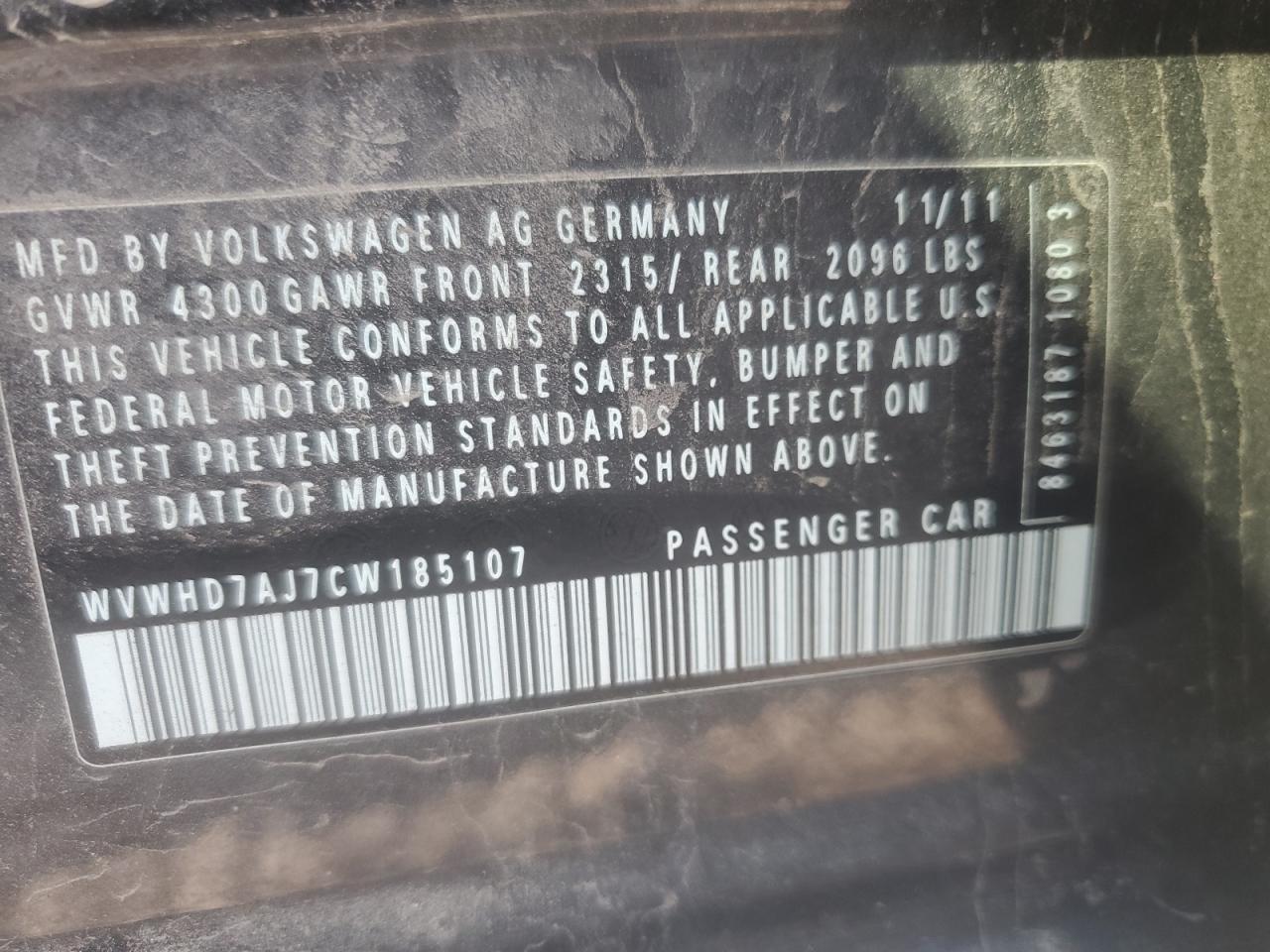 2012 Volkswagen Gti VIN: WVWHD7AJ7CW185107 Lot: 59385225