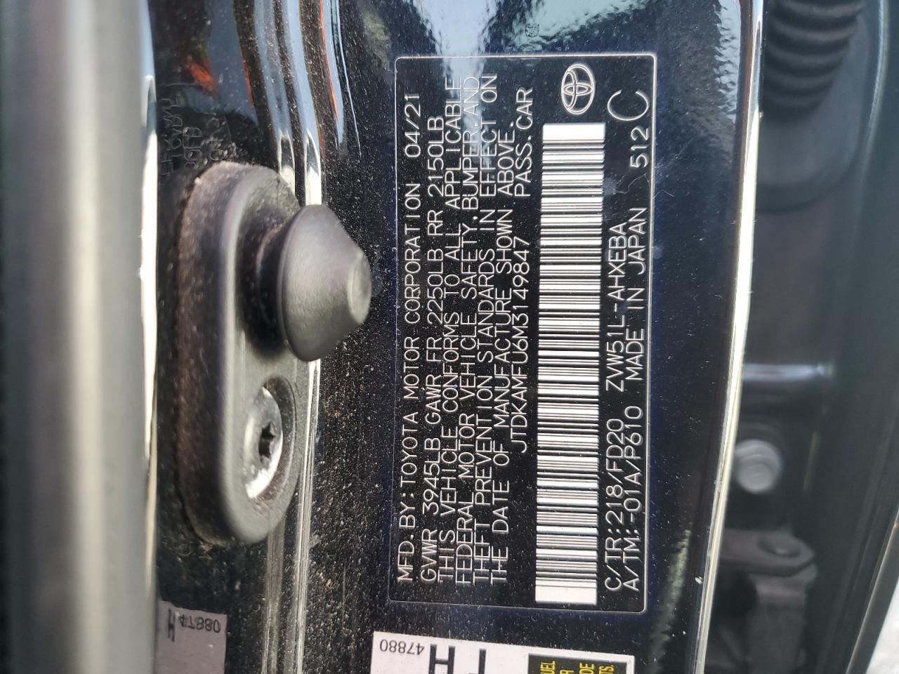 TOYOTA PRIUS 2021 VIN JTDKAMFU6M3149847 zdjęcie 12