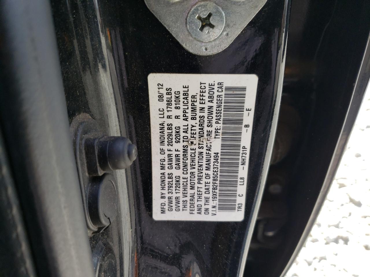 2012 Honda Civic Ex VIN: 19XFB2F85CE373494 Lot: 63089365