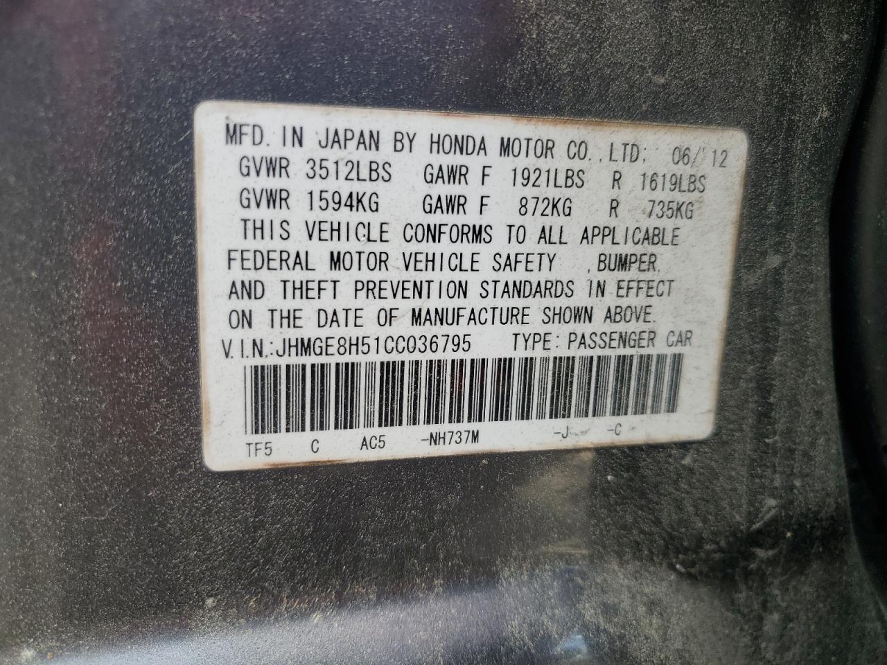 2012 Honda Fit Sport VIN: JHMGE8H51CC036795 Lot: 60289965