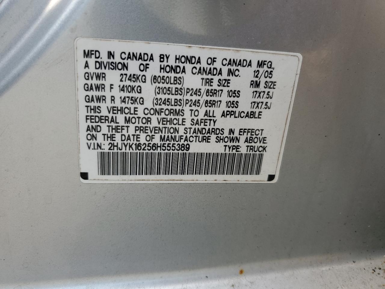 2006 Honda Ridgeline Rt VIN: 2HJYK16256H555389 Lot: 59505695