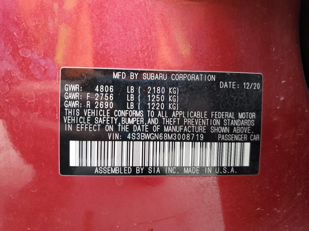 2021 Subaru Legacy Limited Xt VIN: 4S3BWGN68M3008719 Lot: 60918335