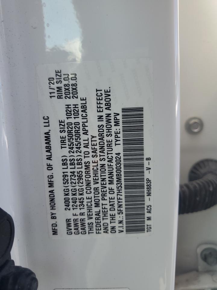 2021 Honda Passport Exl VIN: 5FNYF7H53MB003024 Lot: 62946985