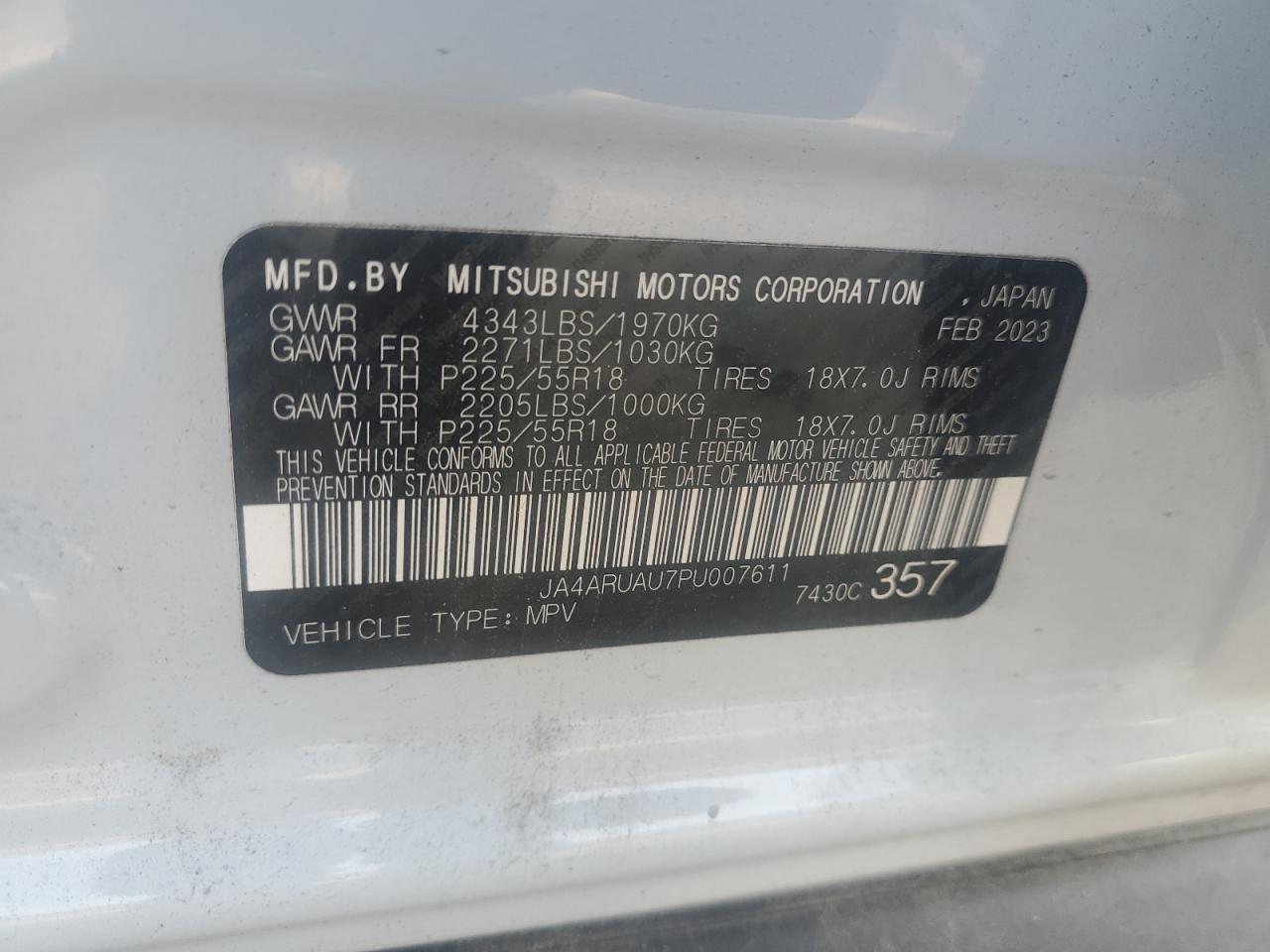 2023 Mitsubishi Outlander Sport S/Se VIN: JA4ARUAU7PU007611 Lot: 62538485