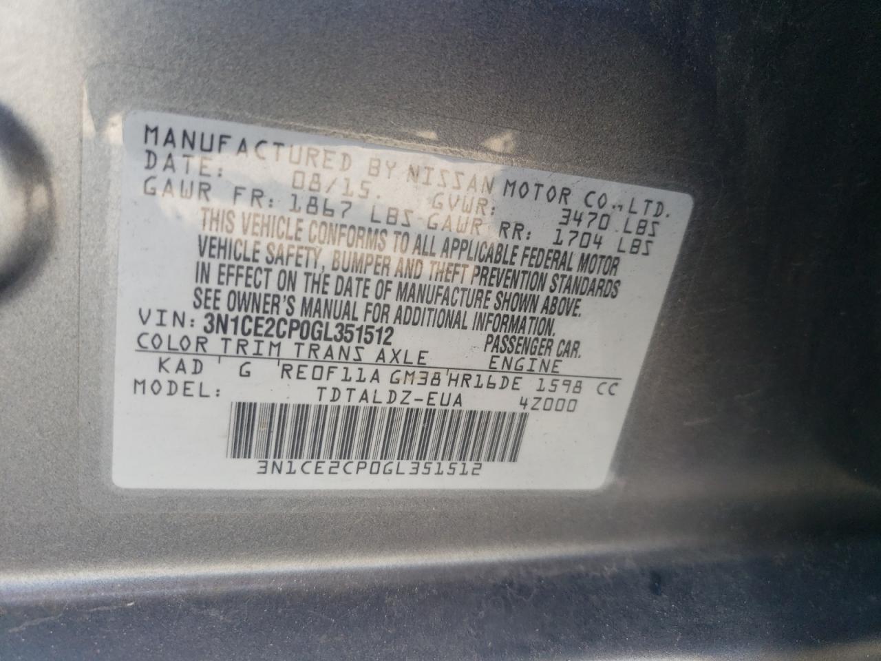 2016 Nissan Versa Note S VIN: 3N1CE2CP0GL351512 Lot: 61993005