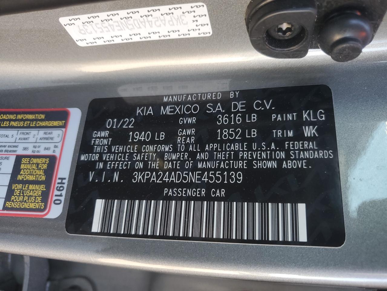 2022 Kia Rio Lx VIN: 3KPA24AD5NE455139 Lot: 62093385