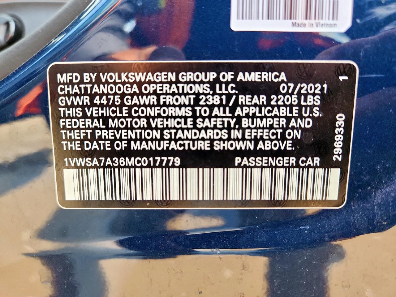 2021 Volkswagen Passat Se VIN: 1VWSA7A36MC017779 Lot: 61008915