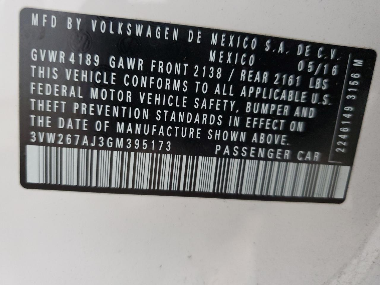 2016 Volkswagen Jetta S VIN: 3VW267AJ3GM395173 Lot: 58489995
