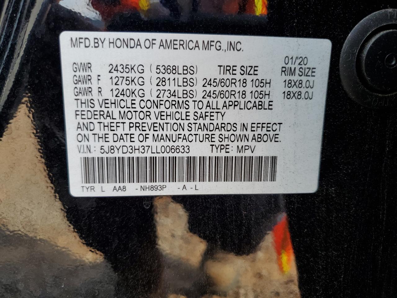 2020 Acura Mdx VIN: 5J8YD3H37LL006633 Lot: 62289595