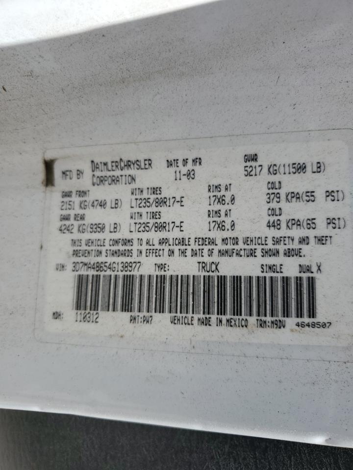 2004 Dodge Ram 3500 St VIN: 3D7MA48654G138977 Lot: 62750065